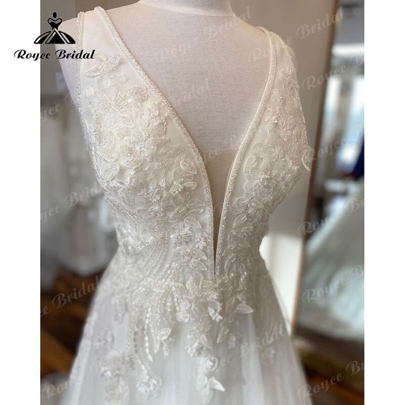 Deep V Neck A Line Beach Wedding Dress Sleeveless 2023 Sweep Train Vestido Novia Elegant Women Bridal Wedding Gowns Custom Made