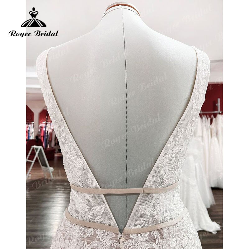 Deep V Neck Blush Pink Lace Appliques Boho Mermaid/Trumpet Wedding Dress for Women 2024
