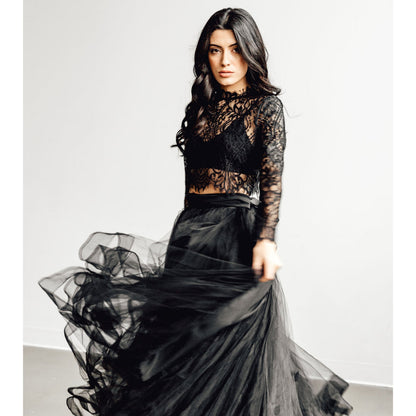 High Neck Long Sleeve Lace Top A Line Gothic Black Wedding Dress