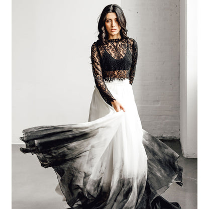 High Neck Long Sleeve Lace Top A Line Gothic Black Wedding Dress