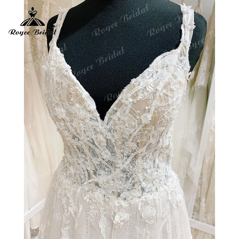 Elegant A Line Spaghetti Straps Wedding Dress Lace Floral 3D Flowers Backless V Neck Bridal Gown vestido de novia robe femme