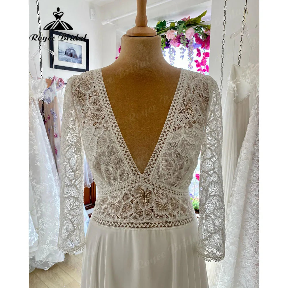 Elegant Bohemian Long Sleeve V Neckline Lace Bodice Boho Wedding Dress for Women 2024 Robes Civil Wedding Gown for Bride Summer