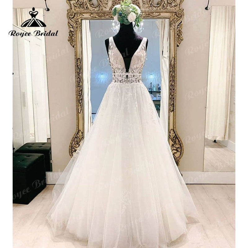 Elegant Floral Boho Sleeveless Wedding Dress Beach Summer 2023 Robe Vestido Vintage Bridal Tulle Long Wedding Gowns Open Back
