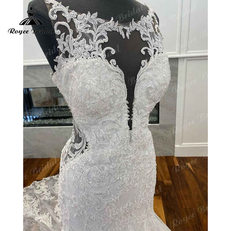 Elegant Lace Appliques Mermaid/Trumpet Tulle O-Neck Wedding Dress Open Back Bridal Wedding Gowns vestido de casamento princesa