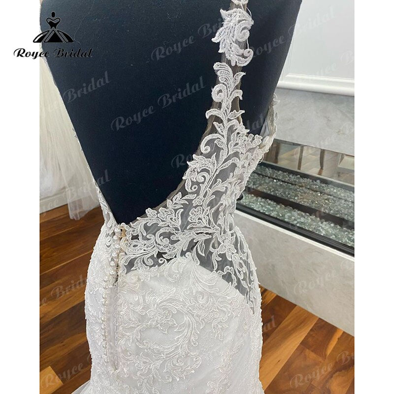 Elegant Lace Appliques Mermaid/Trumpet Tulle O-Neck Wedding Dress Open Back Bridal Wedding Gowns vestido de casamento princesa