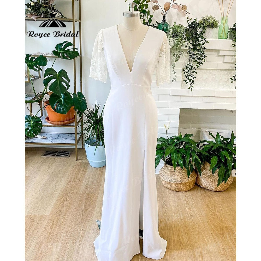 Elegant Lace Split Side Soft Satin Mermaid Boho Wedding Dress for Women 2023 V Neck Wedding Reception Dress Bride Roycebridal