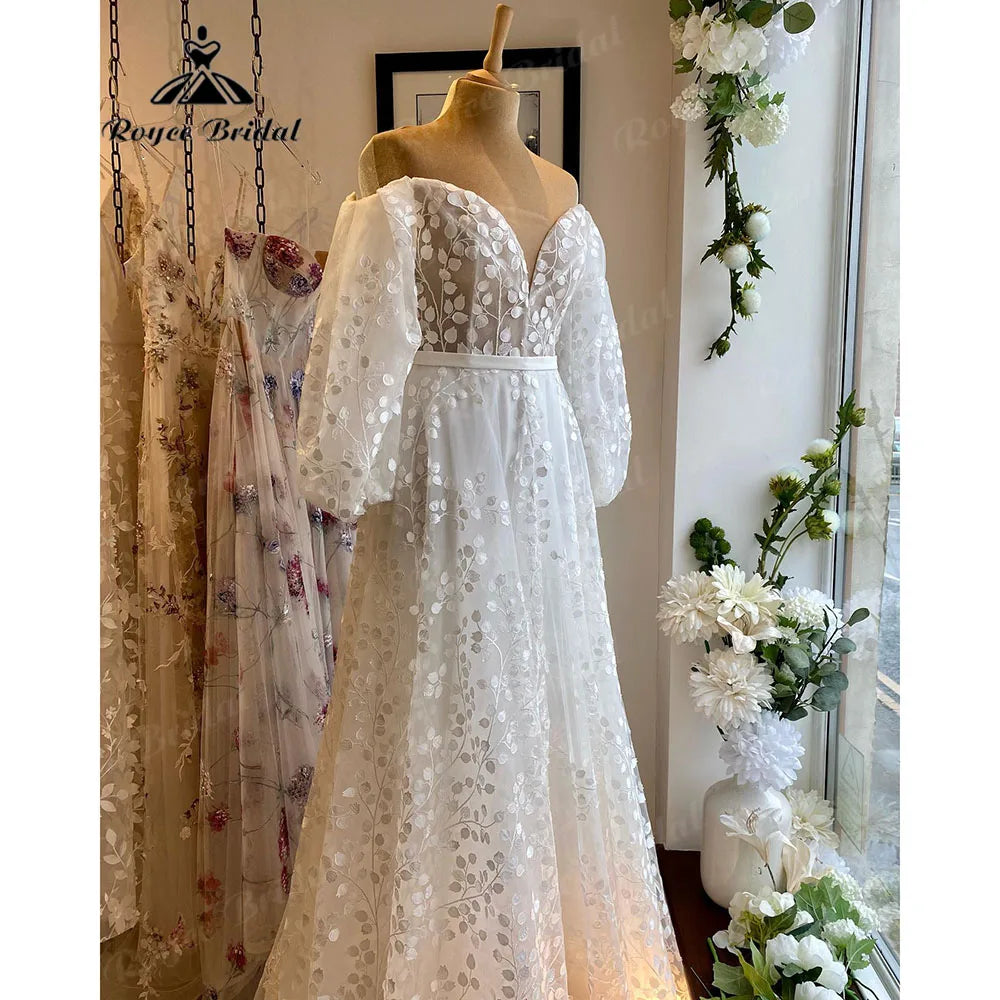 Elegant Off Shoulder Puff Long Sleeve Full Lace V Neck Wedding Dress for Women 2024