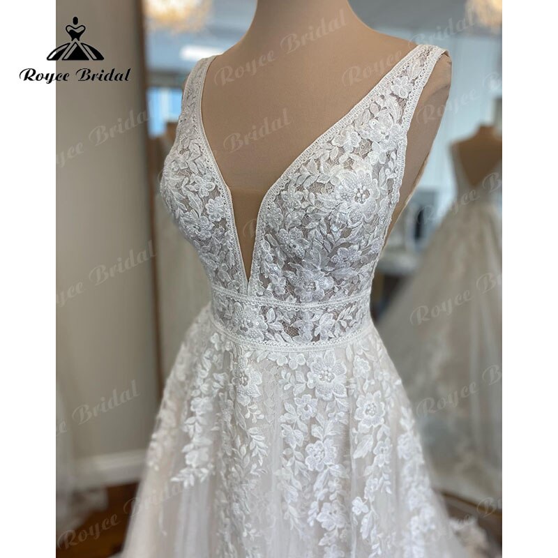 Elegant Robe Chic Boho Lace Wedding Gown 2023 V neck Women A Line Tulle Bridal Dresses Lace Bidice Vestidos de Novia Backless