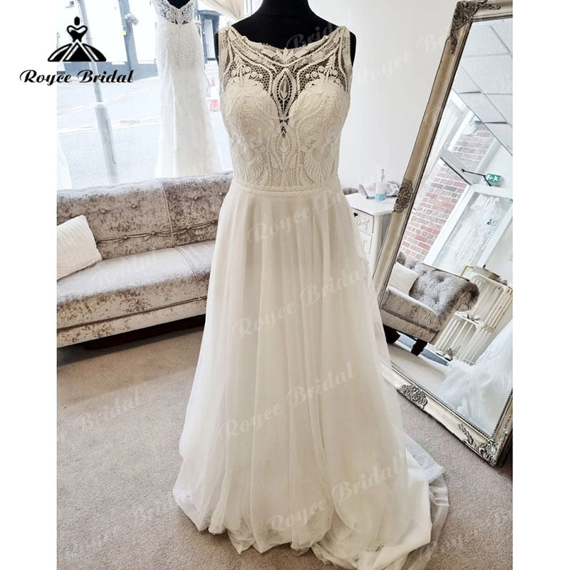 Elgant Scoop Neck A Line Boho Sleeveless Wedding Dress for Women Beach Summer 2023 Vinatge Bridal Wedding Gowns vestido noiva