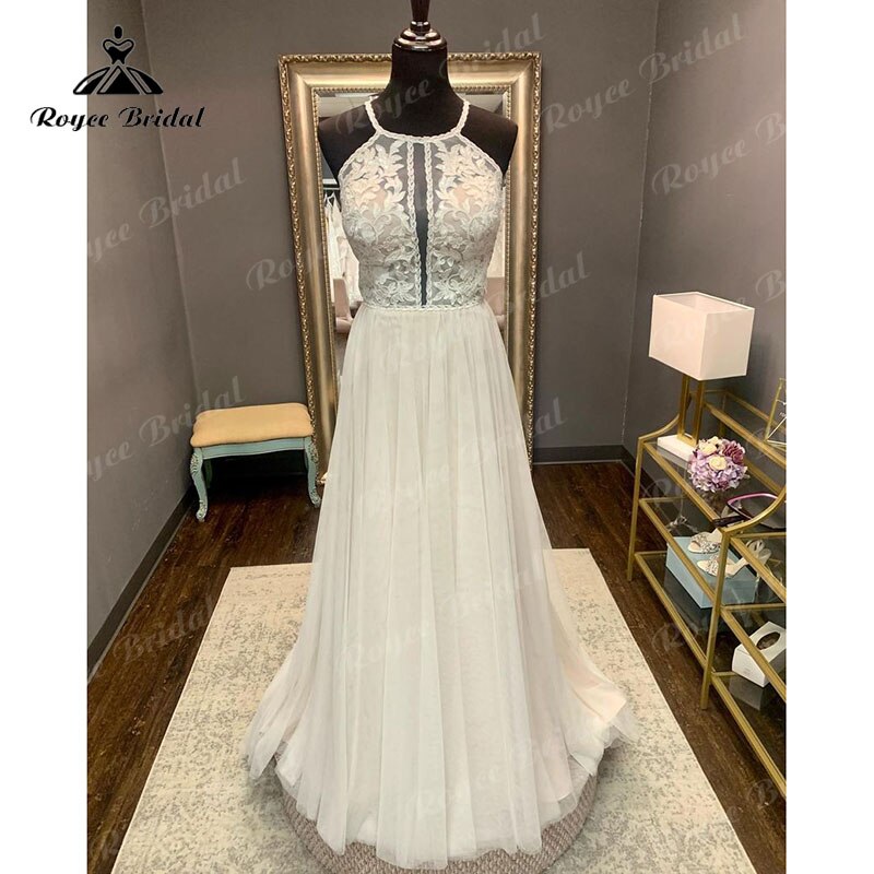 Elgant hochzeitskleid Boho A Line Halter Backless Lace Bodice Tulle Open Back Wedding Dress Wedding Gown Vestidos De Noiva 2023