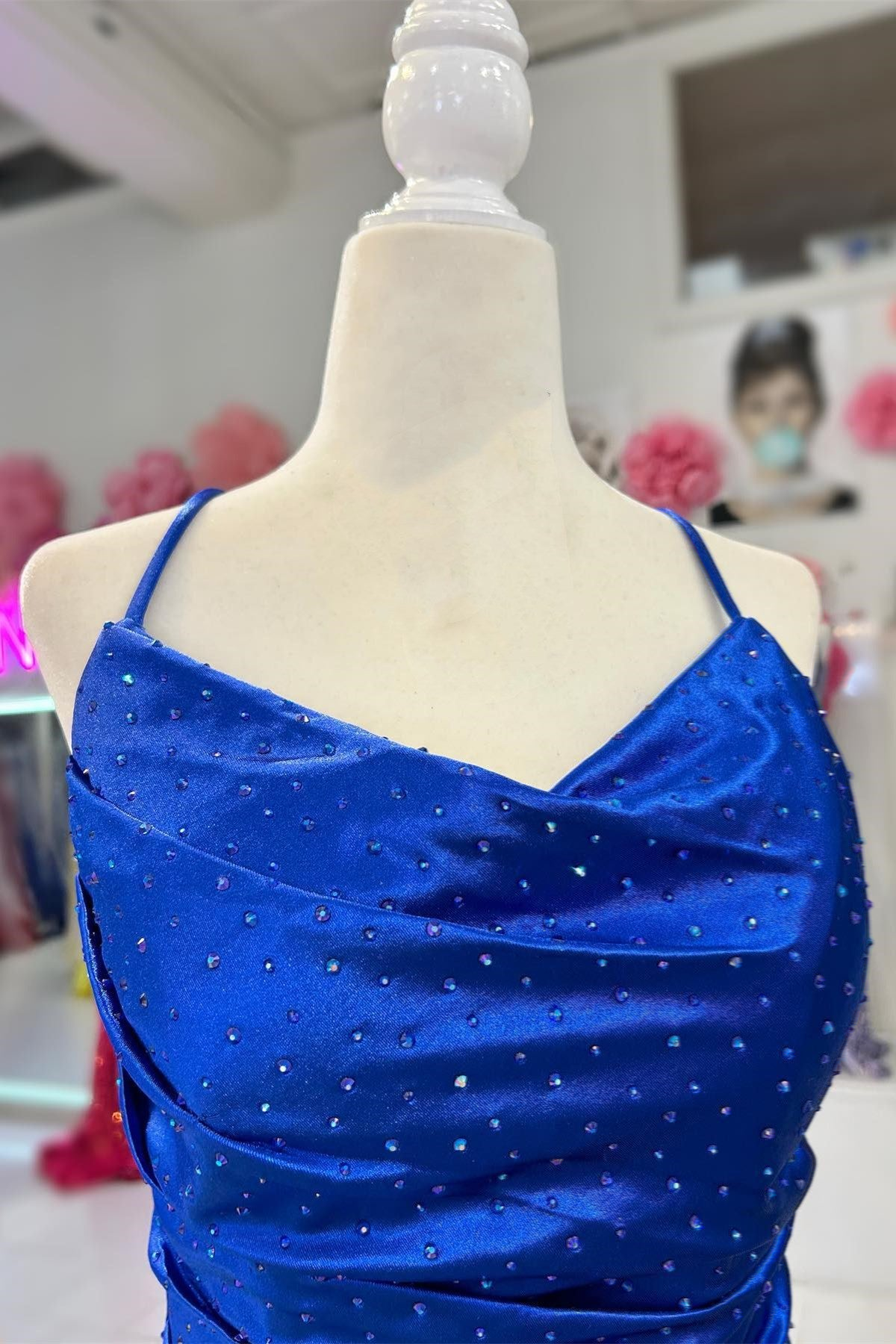 Roycebridal Vickie | Royal Blue Cowl Neck Rhinestones Long Prom Dress with Feather-Trimmed Slit