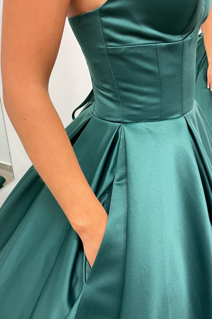 Roycebridal Nicole |A-line Hunter Green V-Neck Satin Long Prom Dress