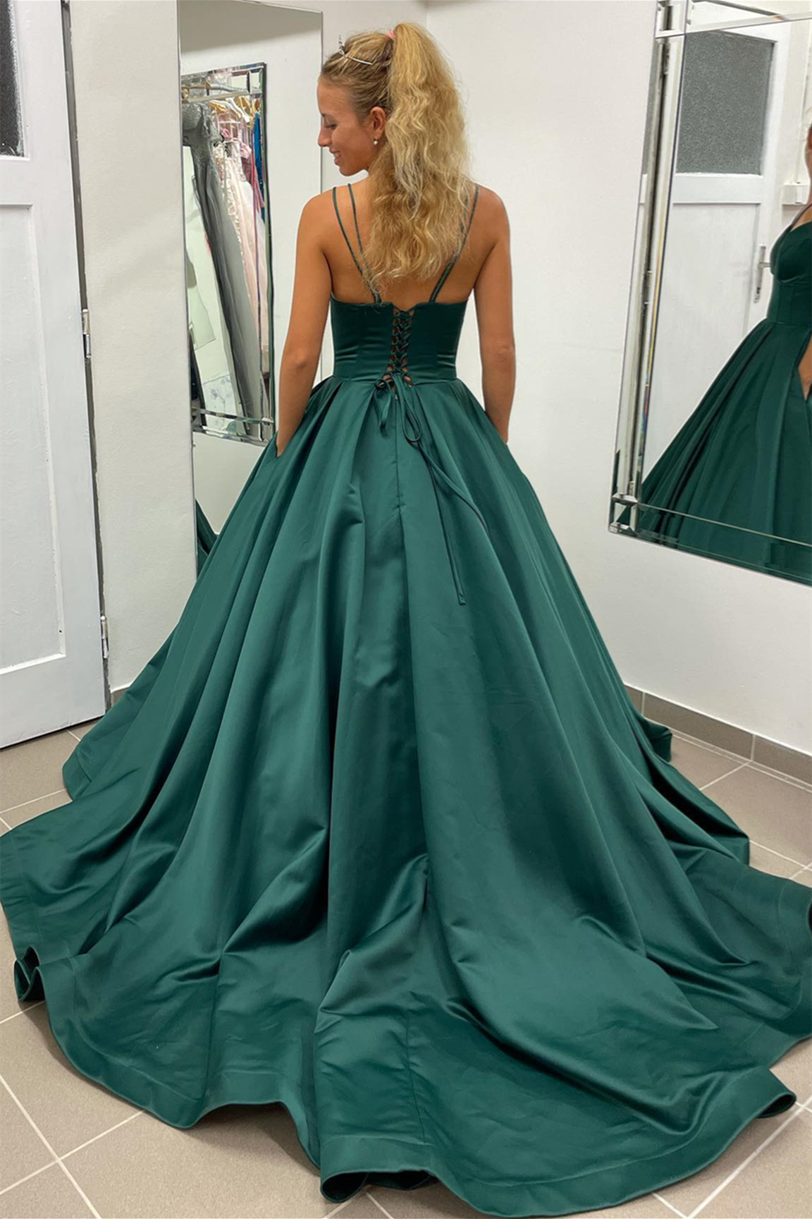Roycebridal Nicole |A-line Hunter Green V-Neck Satin Long Prom Dress