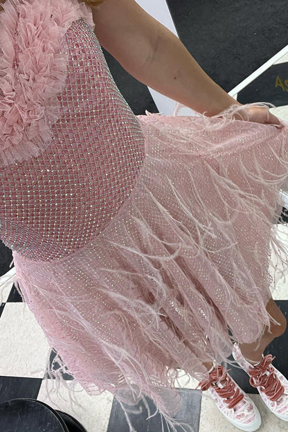 Wynne |Sweetheart Pink Grid Short homecoming Dress with Feathers