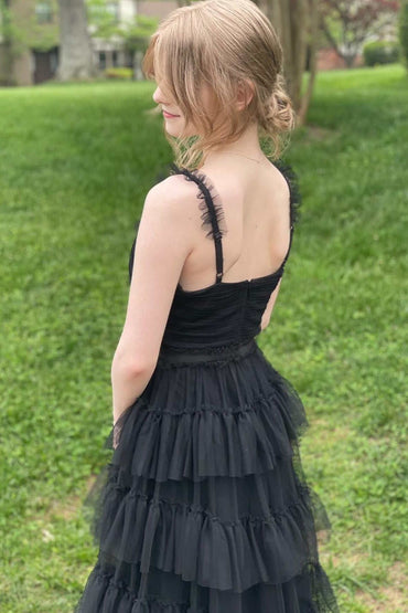 Roycebridal Yasmine | V-Neck Black Layered Tulle A-Line Prom Dress