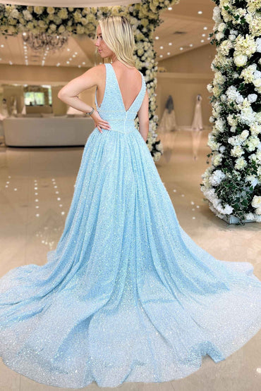 Roycebridal Winnie |A line Plunging V Neck Sequins Prom Dress