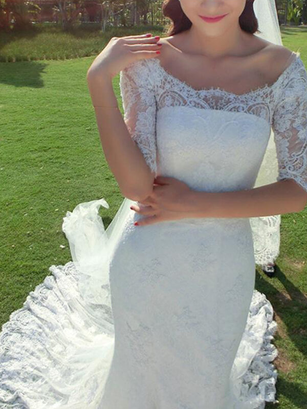 Fabulous Mermaid Half Sleeve Off Shoulder Wedding Dresses, Affordable Bridal Dress, MW149 | white wedding dress | bridal outfit | wedding dress online | www.musebridals.com