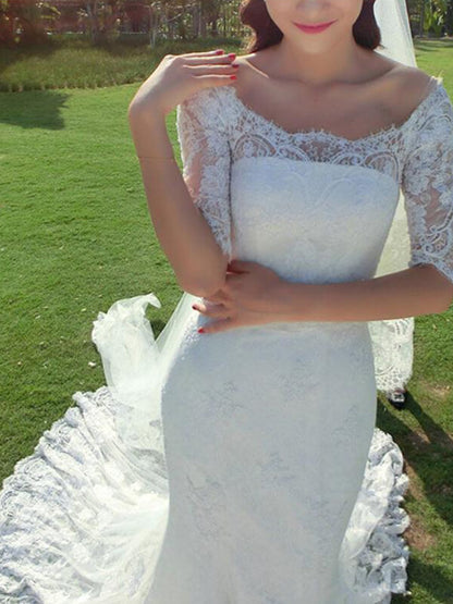 Fabulous Mermaid Half Sleeve Off Shoulder Wedding Dresses, Affordable Bridal Dress, MW149 | white wedding dress | bridal outfit | wedding dress online | www.musebridals.com