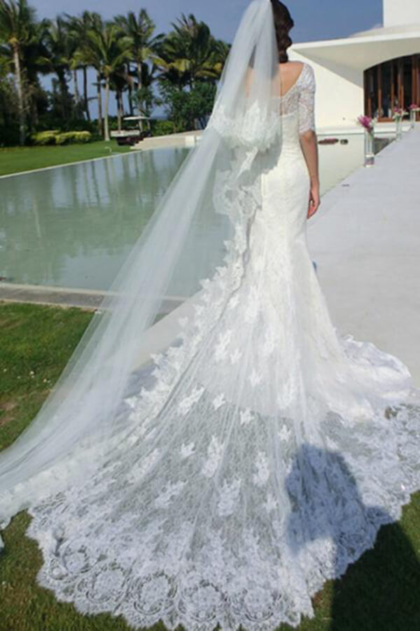 Fabulous Mermaid Half Sleeve Off Shoulder Wedding Dresses, Affordable Bridal Dress, MW149 | mermaid wedding dress | cheap lace wedding dress | bridal gowns | www.musebridals.com