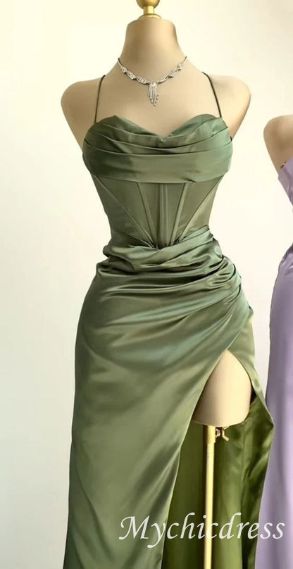 Floor Length Green Mermaid Formal Wedding Guest Dress With Slit