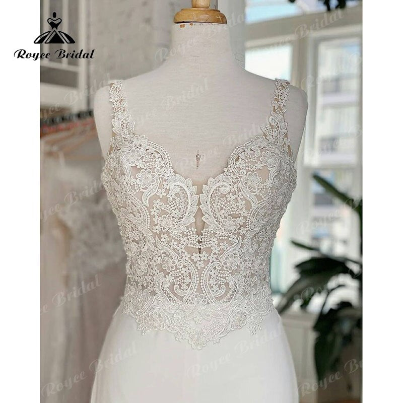 Gorgeous Lace Bodice Soft Satin V-neck Spaghetti Straps Wedding Dress Mermaid/Trumpet 2023 Civil Bridal Boho Wedding Gowns Sexy