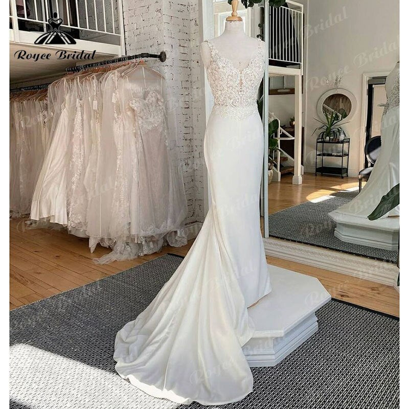 Gorgeous Lace Bodice Soft Satin V-neck Spaghetti Straps Wedding Dress Mermaid/Trumpet 2023 Civil Bridal Boho Wedding Gowns Sexy