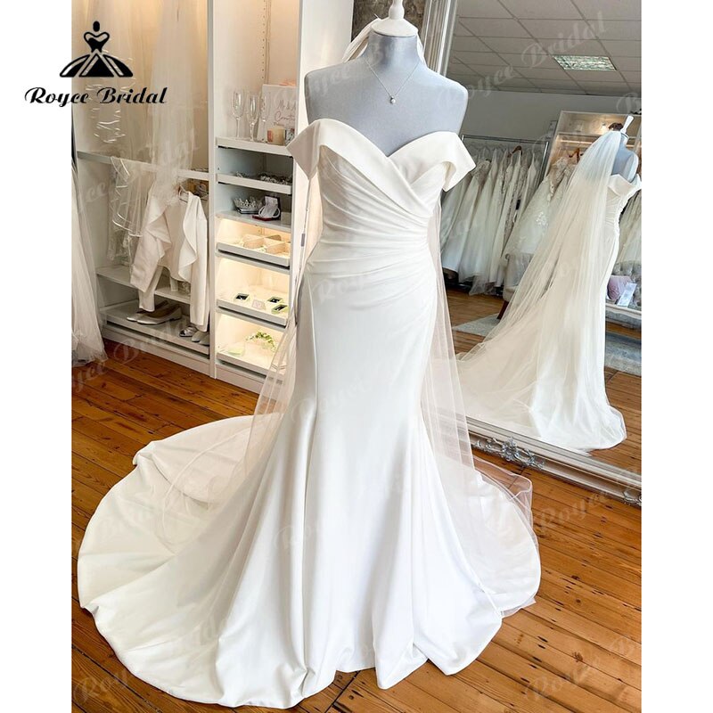 Gorgeous Off the Shoulder Satin Pleats Mermaid/Trumpet Wedding Dress Cap Sleeve 2023 Simple Wedding Gowns Women vestido noiva