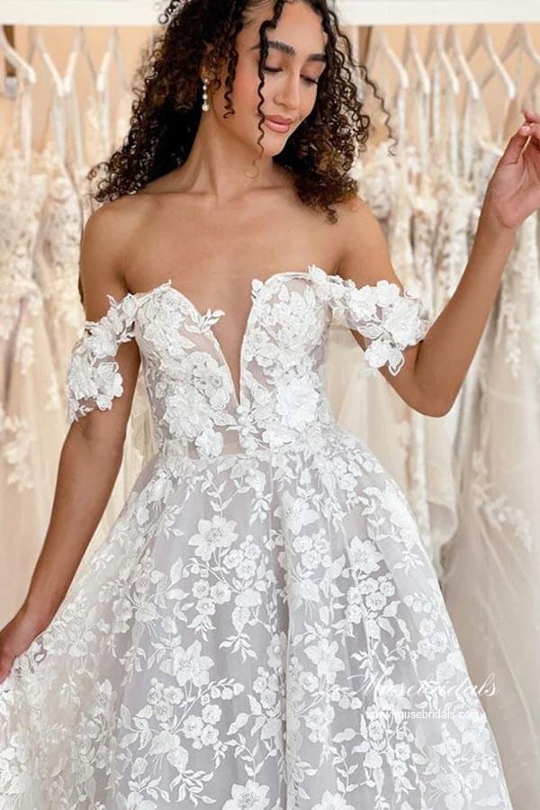 Gorgeous A-line Off-th-Shoulder Wedding Dresses With Lace Appliques, MW954 | cheap lace wedding dress | vintage wedding dress | wedding gown | musebridals.com