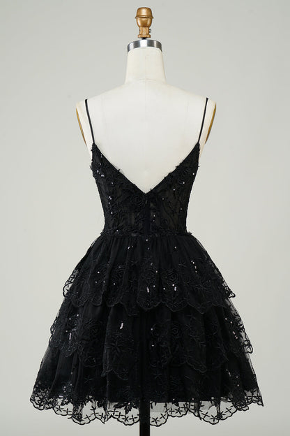 Cute Pink A Line Spaghetti Straps Sparkly Sequin Tiered Corset Short Homecoming Dress