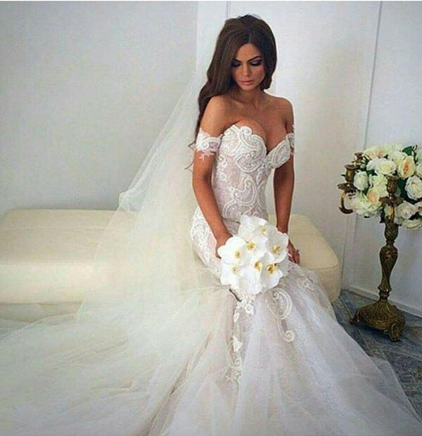 Gorgeous Mermaid Lace Off Shoulder Wedding Dresses, Bridal Gown, MW595 | ivory lace wedding dresses | beach wedding dresses | mermaid wedding dresses | www.musebridals.com