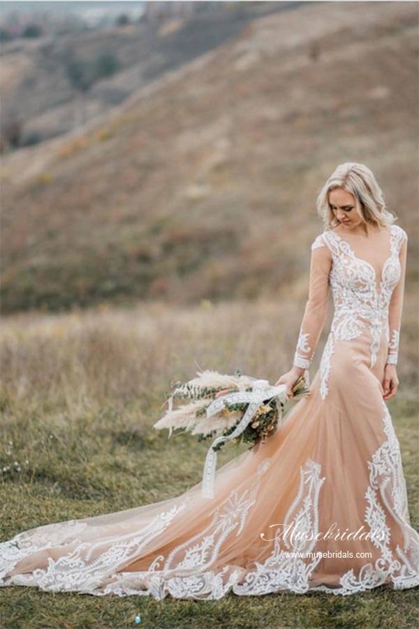 Gorgeous Tulle Mermaid Long Sleeves Wedding Dresses With Appliques, MW967 | cheap wedding dress online | bridal gown | vintage wedding dress | musebridals.com