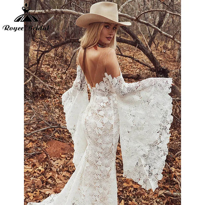 Mermaid Boho Wedding Dresses Long Flare Sleeve Floral Print Deep V Neck