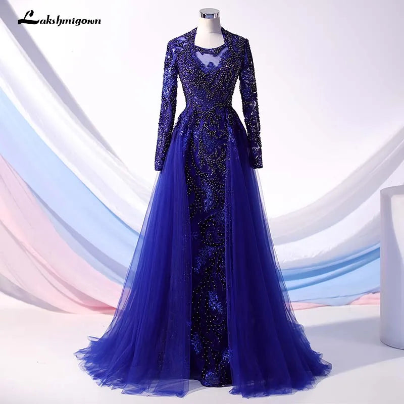 Luxury Navy Blue Latest Design Evening Dresses 2020 Long Sleeves A-Line Sexy Evening Gowns Dubai Sequined Sparkle Evening Dress
