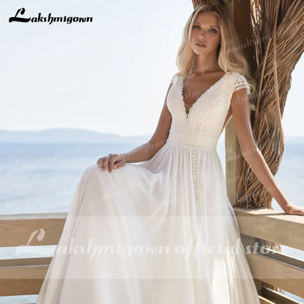 Simple Bohemian Wedding Dress Cap Sleeve V-Neck Floor Length Chiffon A-Line Bridal Gowns With Charming For Women