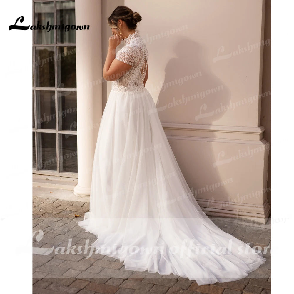 High Collar Short Sleeve Wedding Dresses Tulle Appliques Pearls Covered Button A-Line Bridal Gowns Lakshmigown