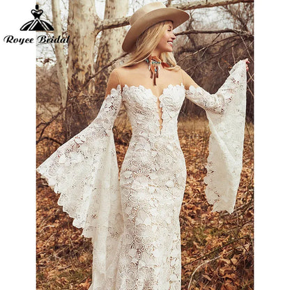 Mermaid Boho Wedding Dresses Long Flare Sleeve Floral Print Deep V Neck