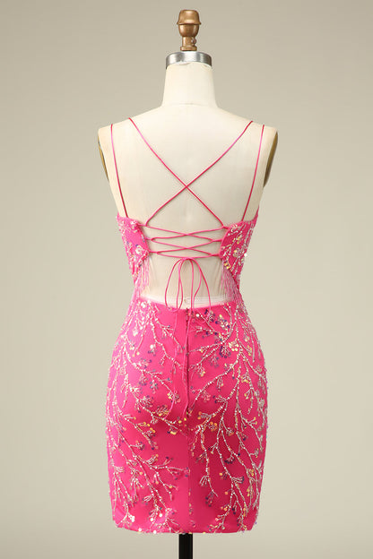 Elegant Fuchsia Bodycon Corset Backless Short Homecoming Dress with Tassel