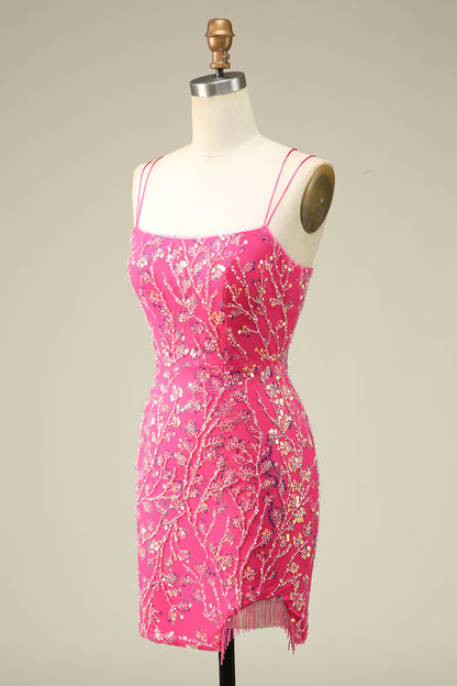 Elegant Fuchsia Bodycon Corset Backless Short Homecoming Dress with Tassel