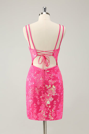 Wunderschönes, figurbetontes, glitzerndes Homecoming-Kleid in Pink mit Spaghettiträgern und Schnürung am Rücken