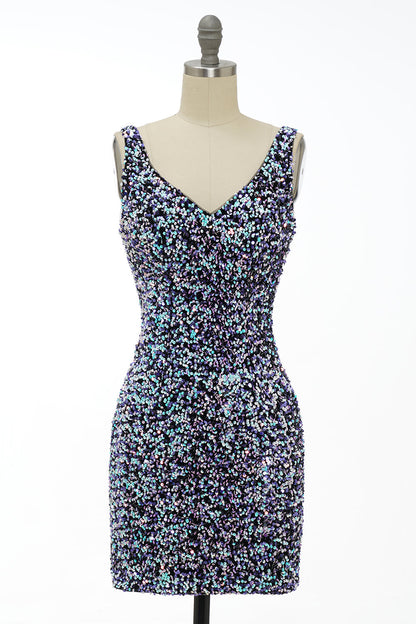 Classy Royal Blue Sheath V Neck Sequin Fitted Short Homecoming Dress