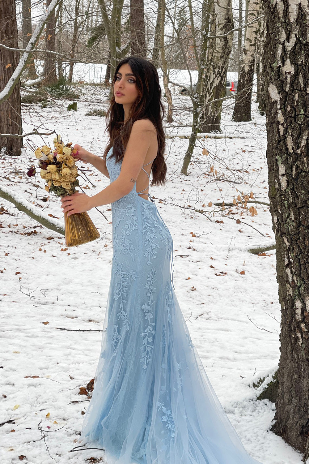 Roycebridal Blue Mermaid Spaghetti Straps Criss Cross Back Long Prom Dress