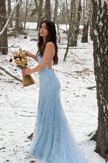 Roycebridal Blue Mermaid Spaghetti Straps Criss Cross Back Long Prom Dress