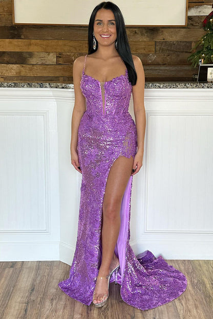 Roycebridal Kairi |Mermaid Spaghetti Straps Appliques Prom Dress with Slit