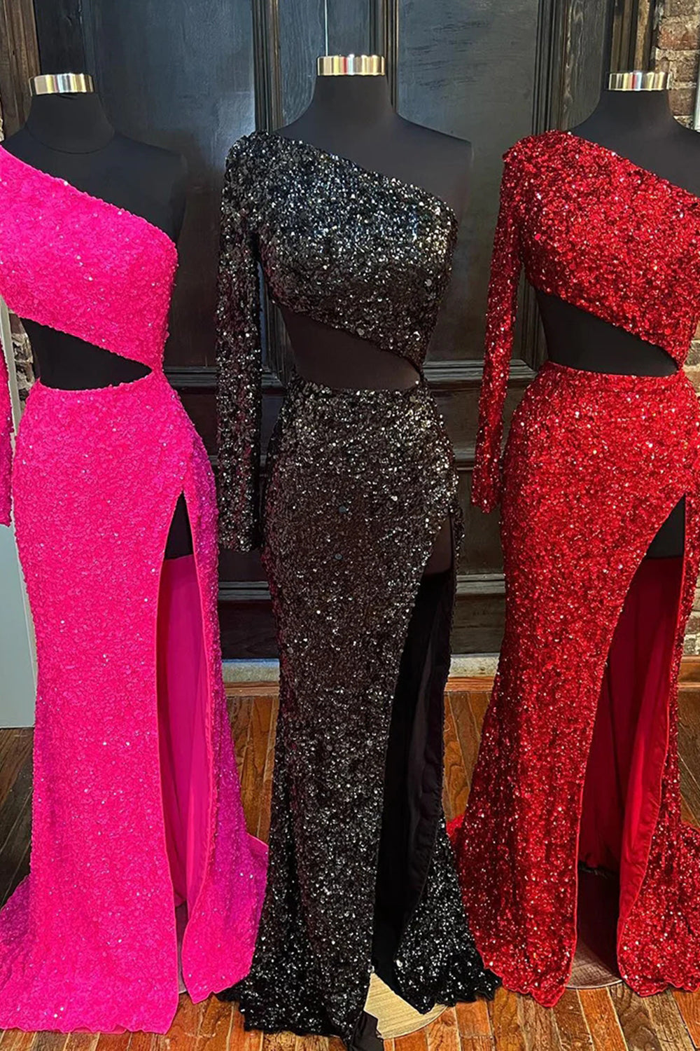 Roycebridal Sheath One Shoulder Red Sequins Long Prom Dress with Silt