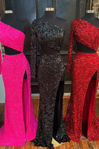 Roycebridal Sheath One Shoulder Red Sequins Long Prom Dress with Silt