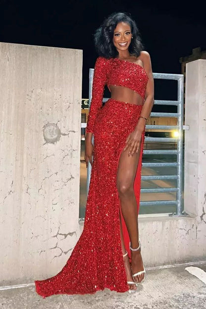 Roycebridal Sheath One Shoulder Red Sequins Long Prom Dress with Silt