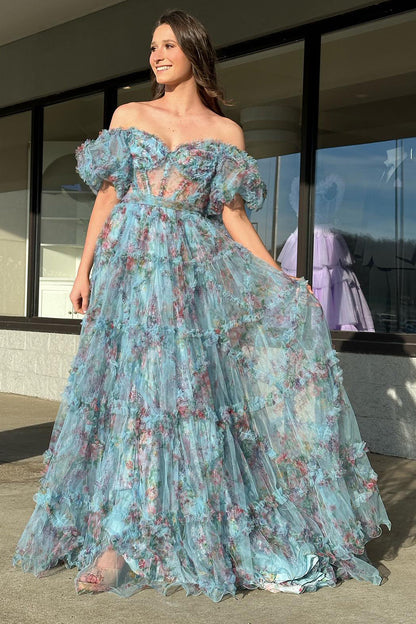 Roycebridal Sydney |A Line Sweetheart Printed Tulle Long Prom Dress