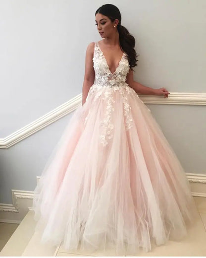 Roycebridal Light Pink Wedding Dresses V Neck 3D Flowers Lace Appliques Pink Brida Dress Formal Pary Gowns Robe De Soiree