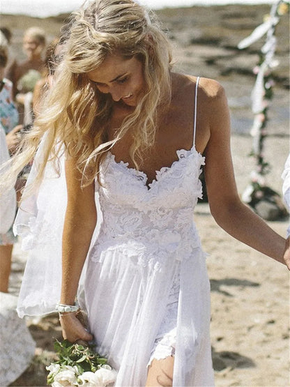 Roycebridal Spaghetti Straps White Chiffon Front Slit Beach Wedding Dress with Lace Elegant Open Back Bridal Dress lakshmigown