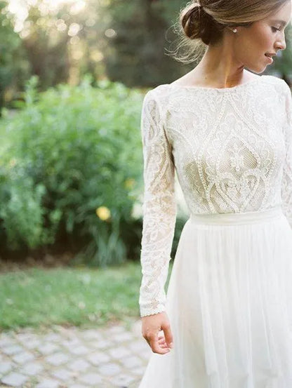 Roycebridal Bohemian Wedding Dresses With Long Sleeves Bateau Lace Top Chiffon Boho Bridal Gown vestido de noiva robe de mariee